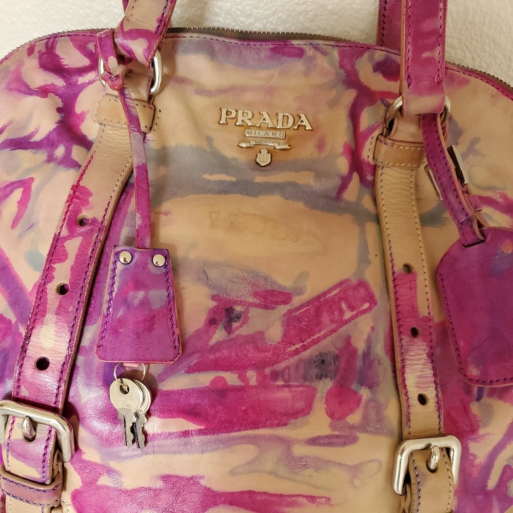 XL Prada Leather Purse tote hobo bag tie dyed painted pink beige purple tan blue - Picture 11 of 15